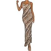 OYOANGLE Women's Snakeskin Print Draped Halter Maxi Dress Sexy Backless Cocktail Long Dresses