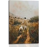 Framed Jesus Leaving 99 Sheep Canvas Print Wall Art Christian Home Wall Decor Inspirational Religious Jesus and the Lost Lamb Spiritual Painting Poster for living room office 12x16in Ready to Hang