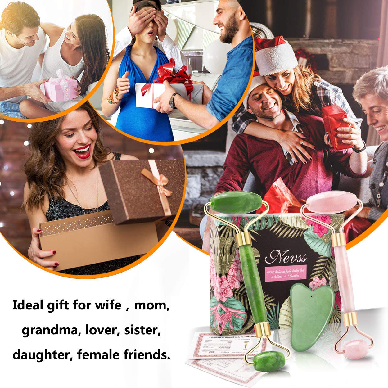 Jade Roller for Face & Natural Rose Quartz Roller & Gua Sha Scraping Tool, 3 in 1 Anti-Aging Jade Face Roller Massager for Cheeks Slimmer, Skin Tightening, Rejuvenate Skin