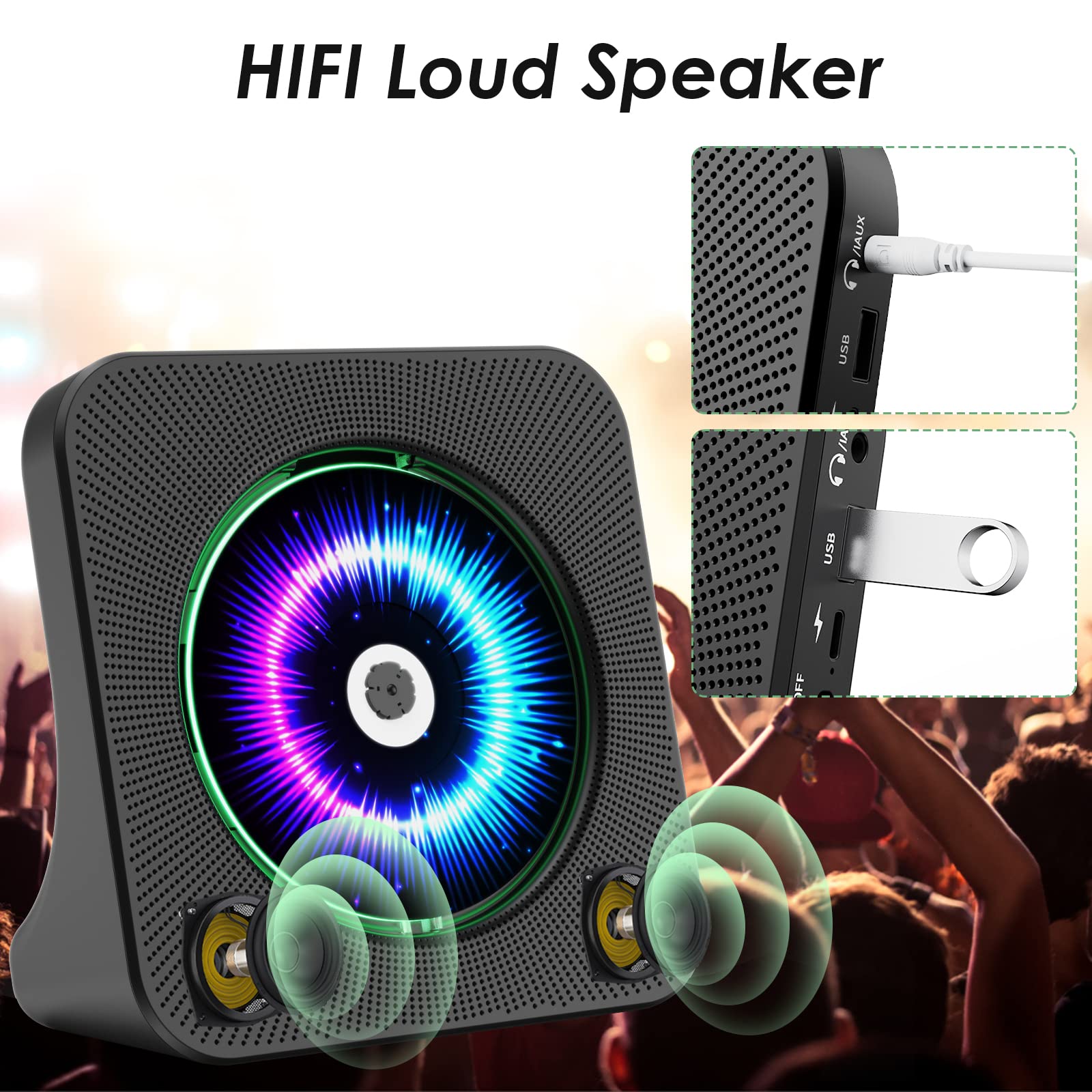 Gueray CD Player Portable Bluetooth: Desktop 4000mAh Rechargeable CD Players for Home with Timer HiFi Speakers Dust Cover LCD Screen Display FM Radio Type-c 3.5mm AUX Jack Remote Control