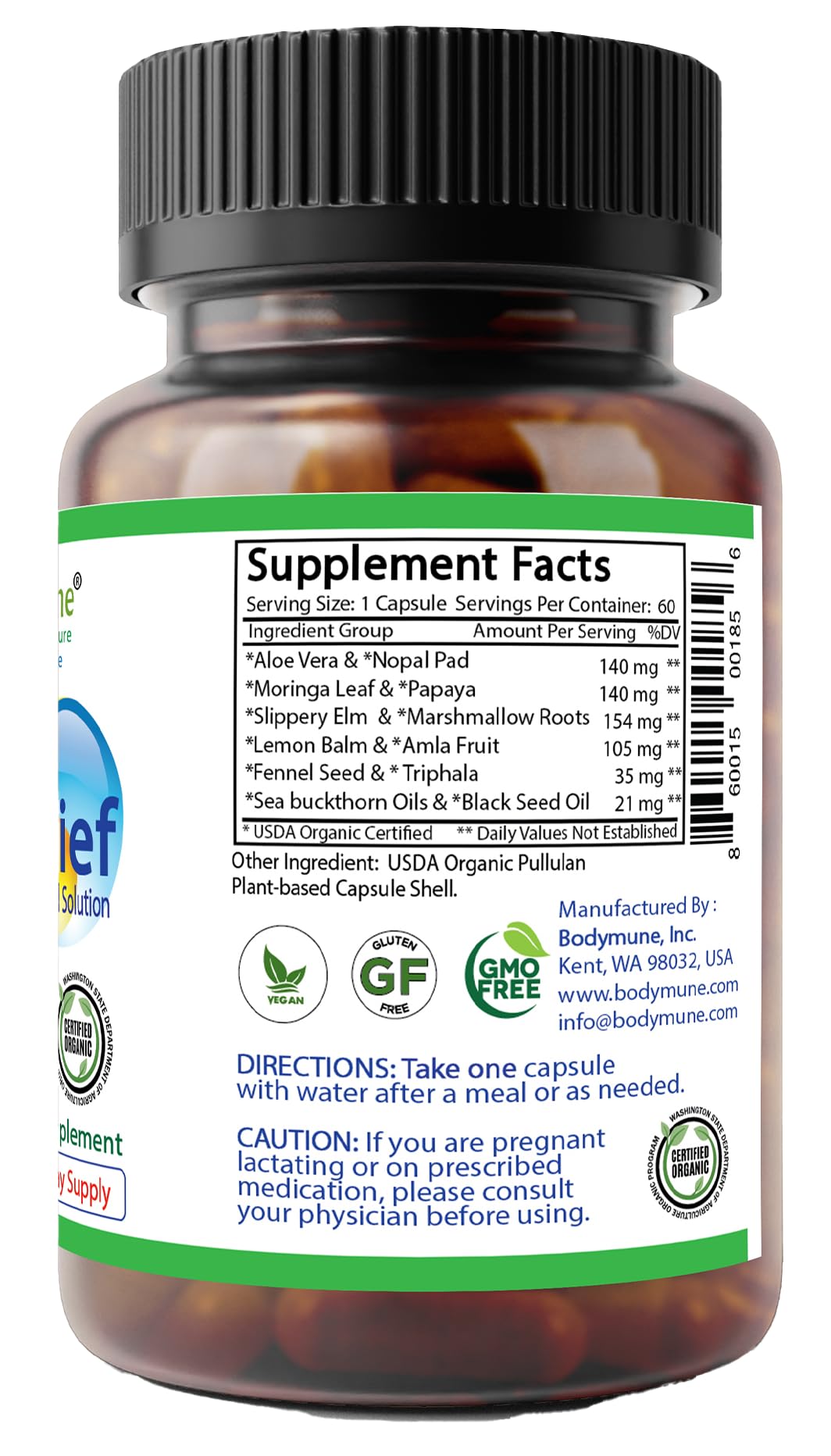 Bodymune AcidRelief Acid Tamer | Promotes Stomach Comfort & Digestive Wellness* | Organic Herbal Blend for Gut Health* | 60 Capsules | Made in USA, USDA Organic, Vegan, Non-GMO, Gluten-Free