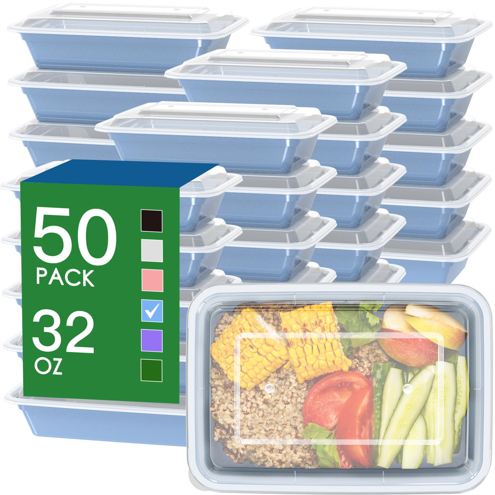 Photo 1 of 50 Pack (100-Piece) 32 oz Meal Prep Containers Reusable with Easy Open Lids, Sturdy Leakproof Food Safe, Microwave Freezer Dishwasher Safe, To Go Take Out Plastic Food Storage Pans with Lids, Blue
