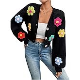 SHENHE Women's Button Down Lantern Sleeve V Neck Knitted Cropped Flower Cardigan Sweater