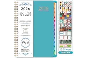 2026 Planner: A5 8.5"x5.9" Weekly & Monthly Academic Agenda - Spiral Bound with Monthly Tabs, 13 Stickers, Inner Pocket & Boo