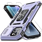 DEERLAMN Case for iPhone 14 Plus with Slide Camera Cover+Screen Protector(1 Pack), Rotated Ring Kickstand Military Grade Shockproof Protective Cover 6.7 Inch-Light Purple