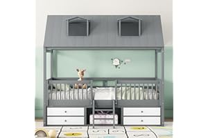 Merax Twin Size Wood House Bed Frame with Full-Length Fence and 4 Storage Drawers, Kids Playhouse Tent Bed with Roof and 2-step Ladder for Children Boys Girls Teens Bedroom, No Box Spring Needed, Gray