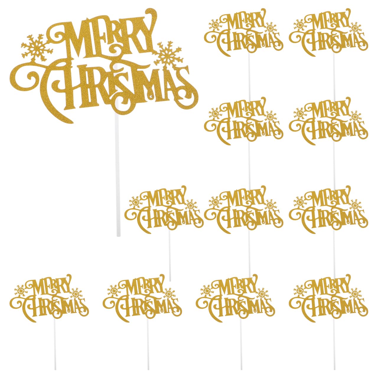 NUOBESTY 12pcs Merry Christmas Cake Toppers Glitter Cupcake Toppers Cake Pick Decorations Dessert Pick Decors for Xmas Party (Golden)