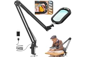 JEEDEFI 10X Rectangle Magnifying Glass with Light and Clamp, 5 Color Modes Stepless Dimmable, Lighted Magnifier with Stand Hands Free, Flexible Swing Arm LED Desk Lamp for Close Work, Craft, Reading, Painting