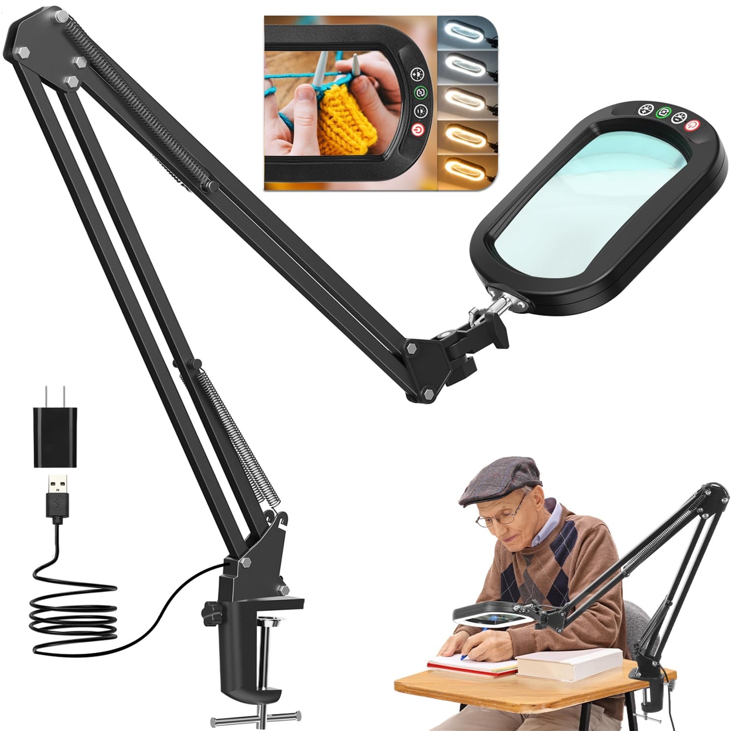 Photo 1 of 10X Rectangle Magnifying Glass with Light and Clamp, 5 Color Modes Stepless Dimmable, Lighted Magnifier with Stand Hands Free, Flexible Swing Arm LED Desk Lamp for Close Work, Craft, Reading, Painting