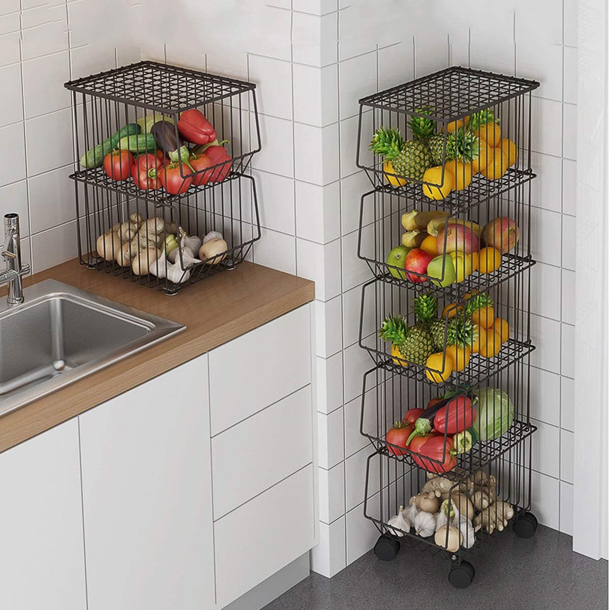 CarolynDesign 5 Tier Storage Basket Stand with Wheels and Cover