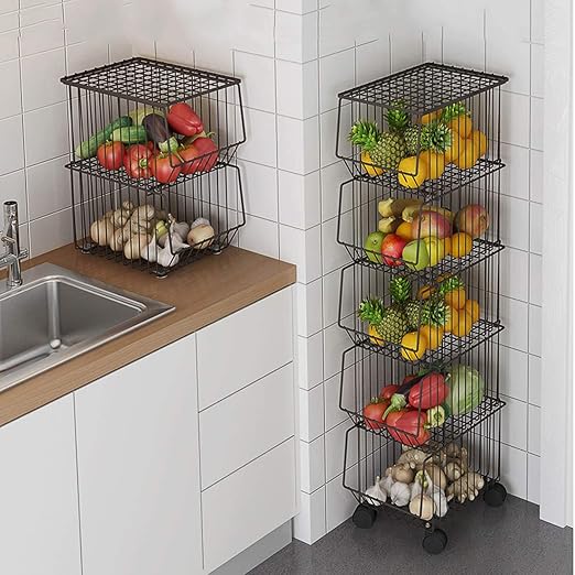 CarolynDesign 5Tier Wire Basket Cart on Wheels for Kitchen, Stackable