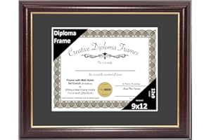 Creative Picture Frames 9x12 Mahogany Gold Rim Diploma Frame with Black Mat Glass Easel and Installed Wall Hangers | Frame Holds 11x14 Media without Mat