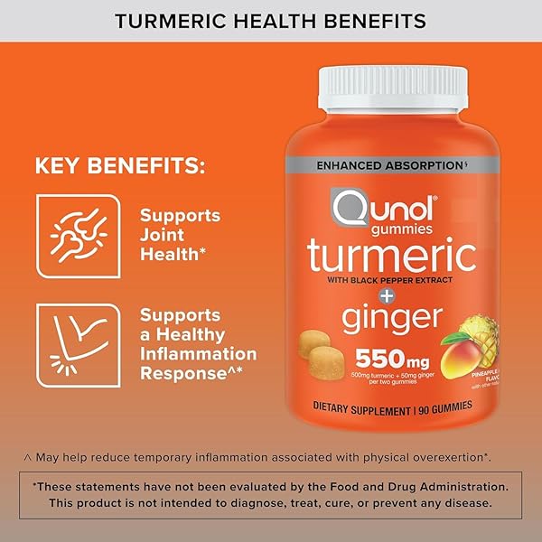 QUNOL TURMERIC AND GINGER WITH BLACK PEPPER GUMMIES, TURMERIC CURCUMIN SUPPLEMENT, JOINT HEALTH SUPPORT GUMMY, 90CT GUMMIES