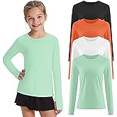 LessonZoo 4 Pack Girl's Long Sleeve Athletic Shirts with Thumb Holes, 5-14 Years Kids Quick Dry Crew Neck Teens Gym Yoga Tops