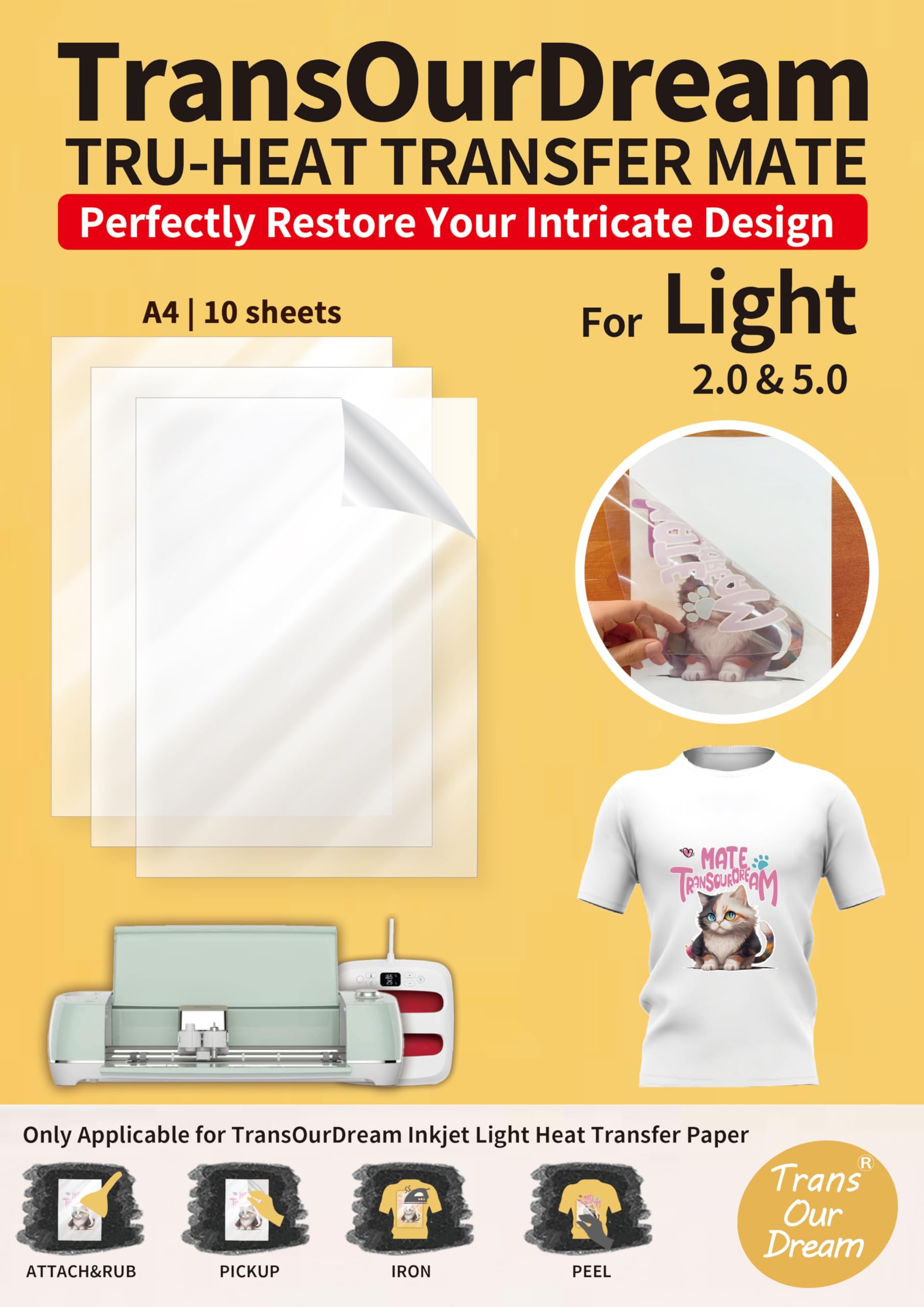 TransOurDream Transfer Tape for Vinyl Inkjet Printer Printing 10 Sheets A4 Cutting Weeding for Cricut Use with Our Light Heat Transfer Paper(light-tape-10)