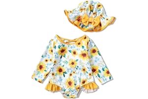 SUNNY PIGGY Baby Girls One Piece Swimsuit Long Sleeve Floral Bathing Suit+Hat 2Pcs