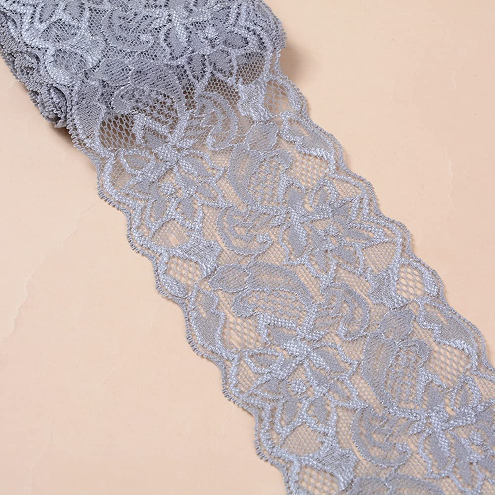 3 Yards Elasticity Lace Border Lace Ribbon, 8 cm Wide Colourful Lace Flowers Border Decorative Lace Trim Lace Fabric Lace Trim for Sewing DIY Craft Clothing Underwear Grey