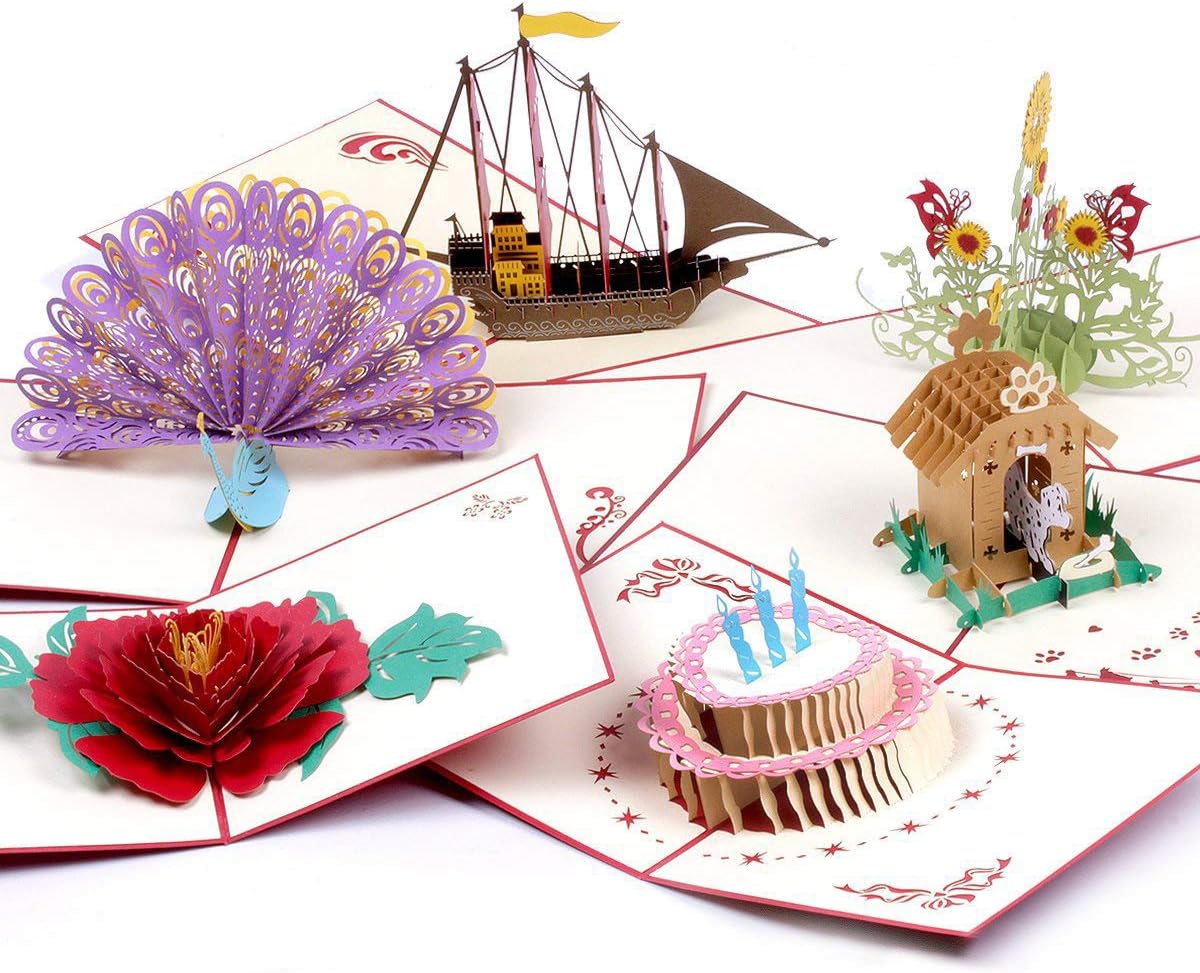 Pop Up Card,3D Greetings Card,Birthday Anniversaries Card for Fathers,Valentines, Friend,Kids, Thank You Handmade Appreciation Gifts (6 Pack,Envelopes Includes)