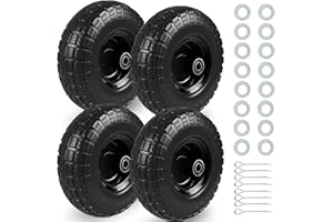 HAKULA MATATA 10" Solid Flat Free Tires and Wheels 4 Pcs, 4.10/3.50-4 Rubber Tire Replacement with 5/8” Axle Bore Hole & Black Hub, Airless Wheel for Hand Truck/Trolley/Garden Cart/Lawn Mower/Wheelbarrow, Black