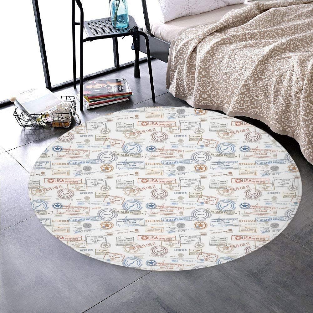 Memory Foam Round Area Rug Floor Kitchen Carpet, Travel, Vintage Old Rubber Stamps Tourist Passport Visa Certificate Vacation Holiday Theme, Ivory Orange, Soft Flannel Non-Slip Absorbent Mat №04887