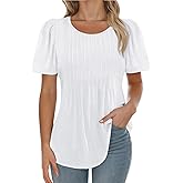 AURUZA Womens T Shirts, Short Sleeve Tops Dressy Casual Pleated Summer Shirts Scoop Neck Tshirts Tunic Tops Fashion