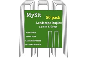 MySit 12" Garden Stakes Pins Landscape Staples 11Ga Tent Stakes 50 Pack, Heavy Duty Galvanized Steel Metal Yard Stakes Ground Lawn Staples Fence Anchors for Weed Barrier Fabric