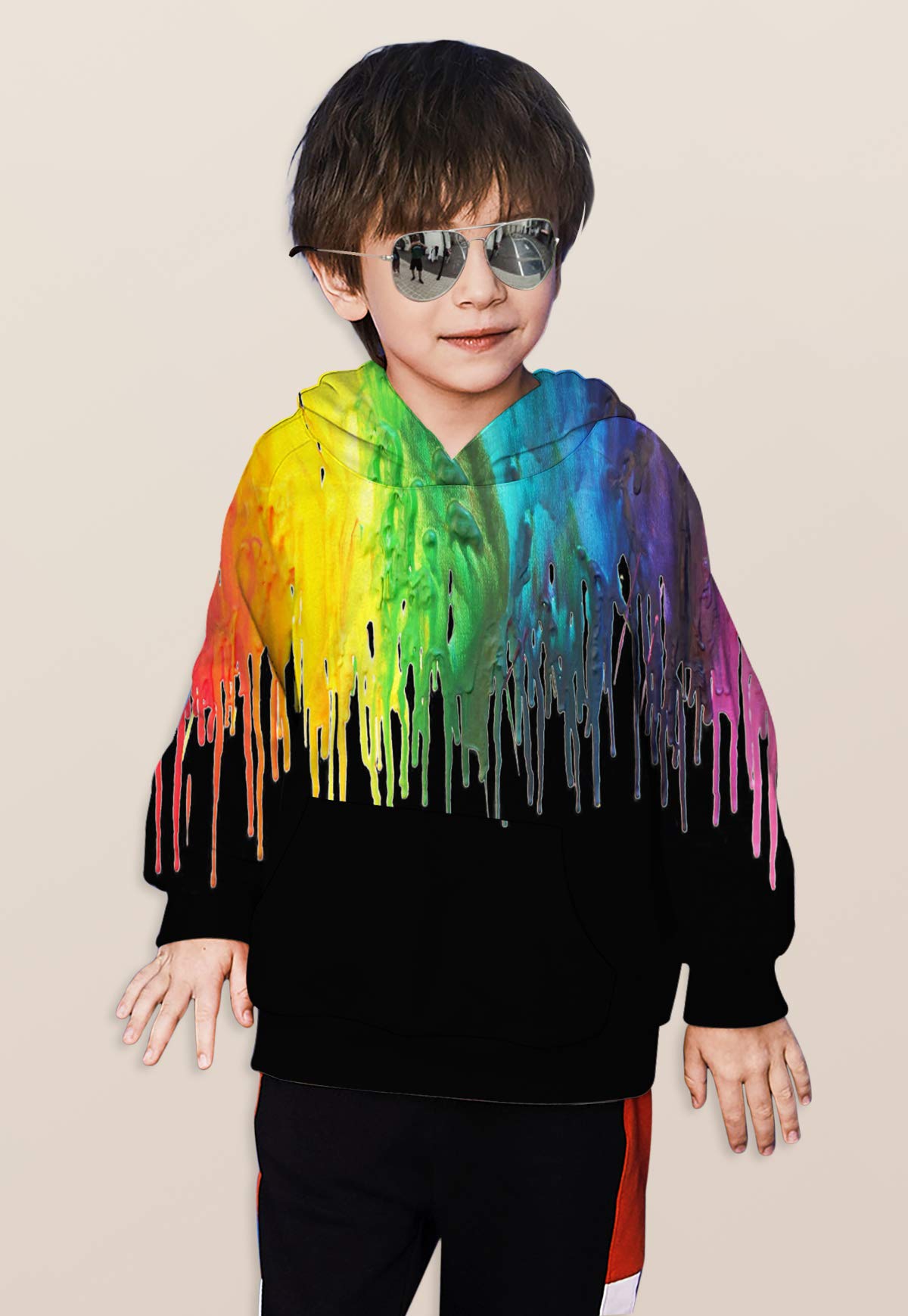 Boy\'s Designer Hoodies Colorful Paint Rainbow Crew Neck Thick Slippery Fashion Sweatshirts with Big Pocket Premium Quality Sweater for Gym School Daily (Black Melting,S)