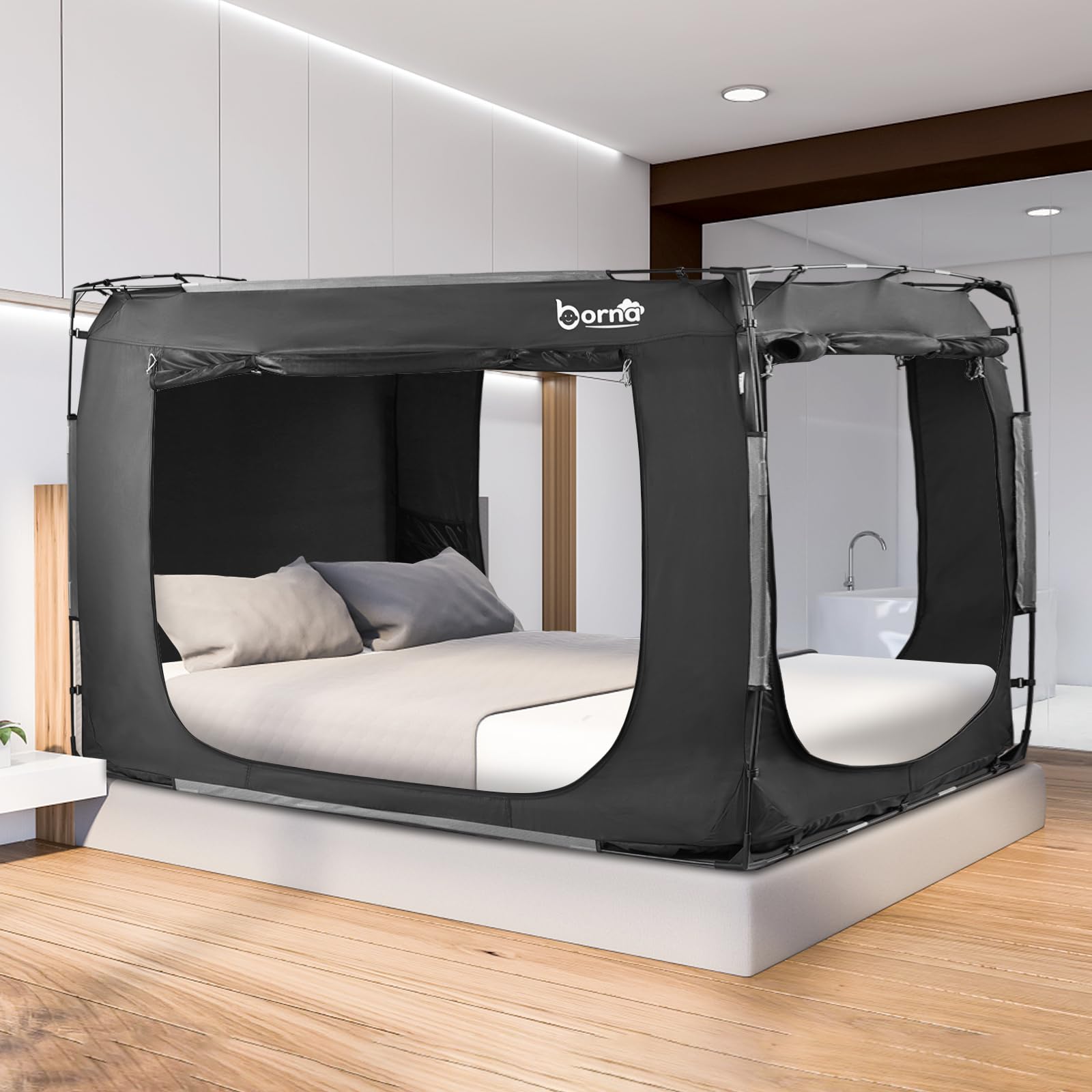 Photo 1 of Borna Bed Tent Bed Canopy King Size, Portable Sleeping Tents Dream Tents Indoor for Kids and Adult, Breathable Privacy Space on Bed with Three Doors (Mattress Not Included)
