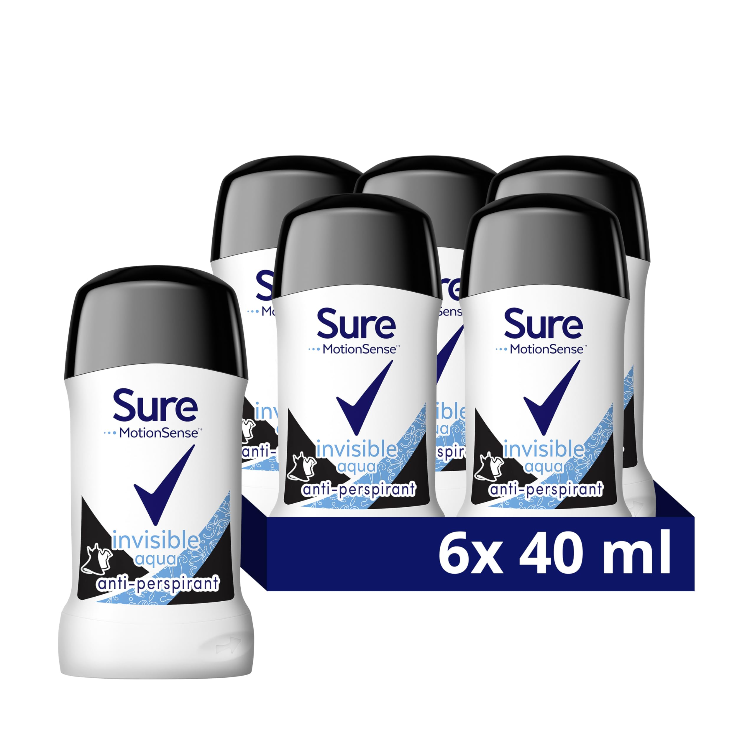 Sure Women Invisible Aqua Antiperspirant Deodorant Cream Stick that protects against white marks and yellow stains with 48 hour protection against sweat and odour 40 ml, Pack of 6