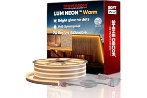 Shine Decor 50FT LED Neon Rope Lights, Bright 2500K Warm White AC110V-120V Neon Strip Light, 8x16mm Cuttable Waterproof SMD2835 120LED/M Indoor Outdoor Light Strips, DIY Ambiance Lighting Decoration