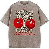 Women's Oversized Graphic Tees Cherry T Shirts Washed Vintage Casual Summer Baggy Cotton Tops Cute Grunge Shirt