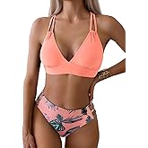 Fanuerg Women's Sexy V Neck Bikini Sets Hollow Out Two Piece Swimsuits Cutout Mid Waist Bathing Suit