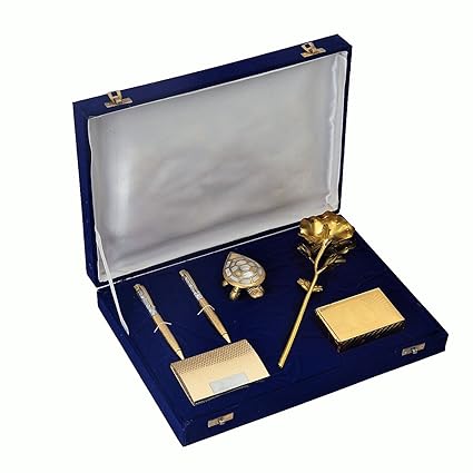 JEWEL FUEL Gold Plated Gift Box With Rose, Playing Cards, Feng-Shui Tortoise, Pen And Visiting Card Holder (10 x 5.5 x 3.5 cm, Gold)