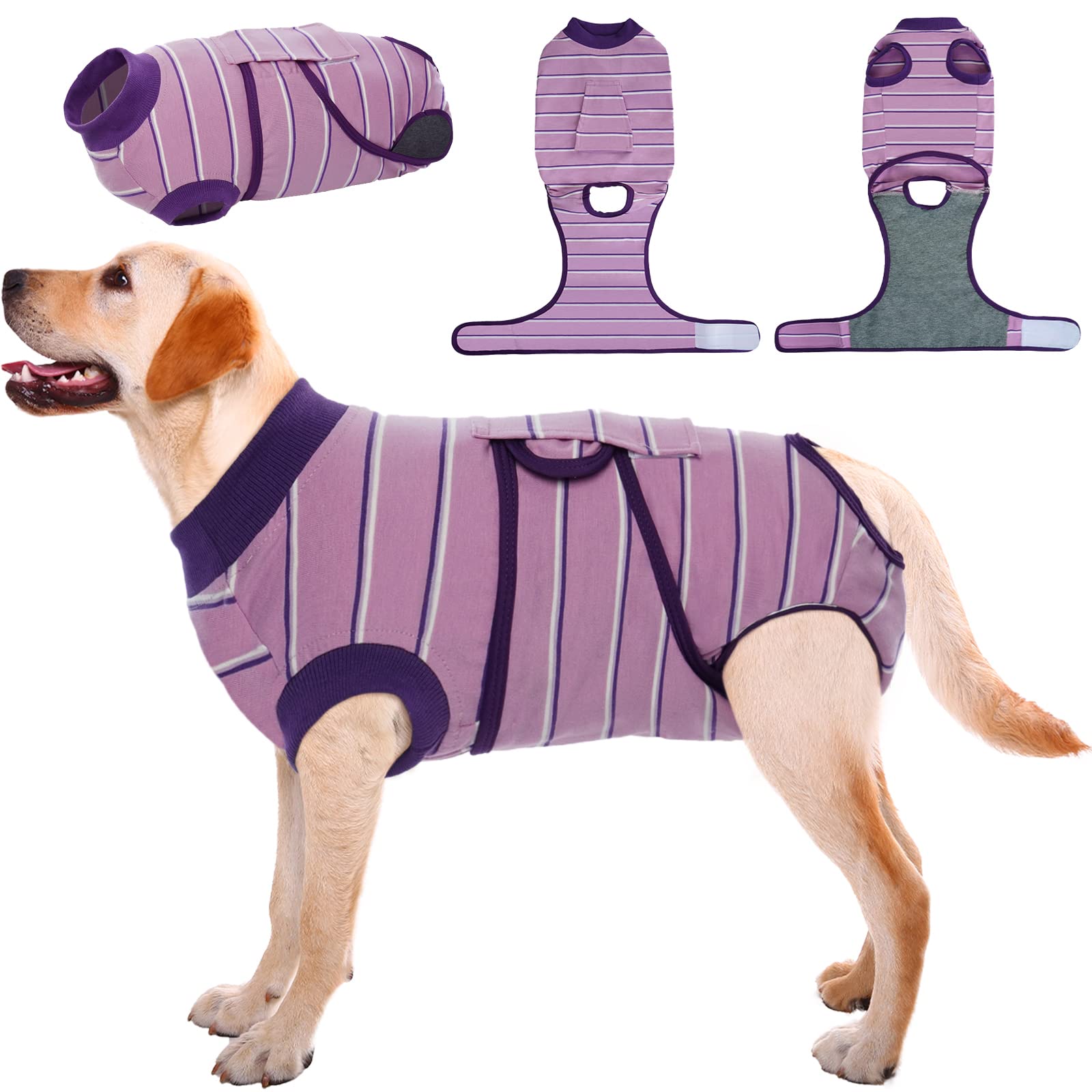 Photo 1 of Kuoser Dog Surgery Recovery Suit for Female Male Dogs, Stripes Spay Neuter Anti-Licking Dog Onesie, Abdominal Wounds Surgical Suit Snugly Pet Collar Alternative Post Surgery Vest Bodysuit, Purple L