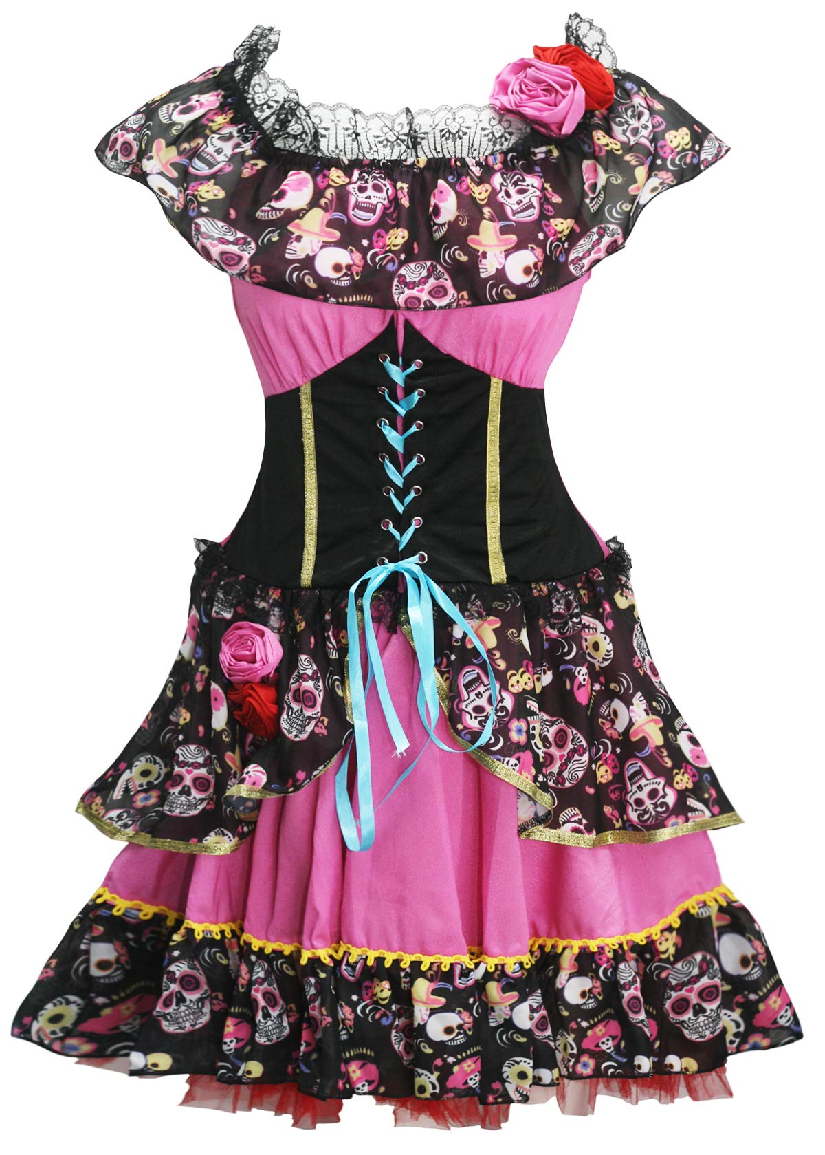 Bslingerie® Women Day of the Dead Off Shoulder Dress Costume (M, Black & Pink)
