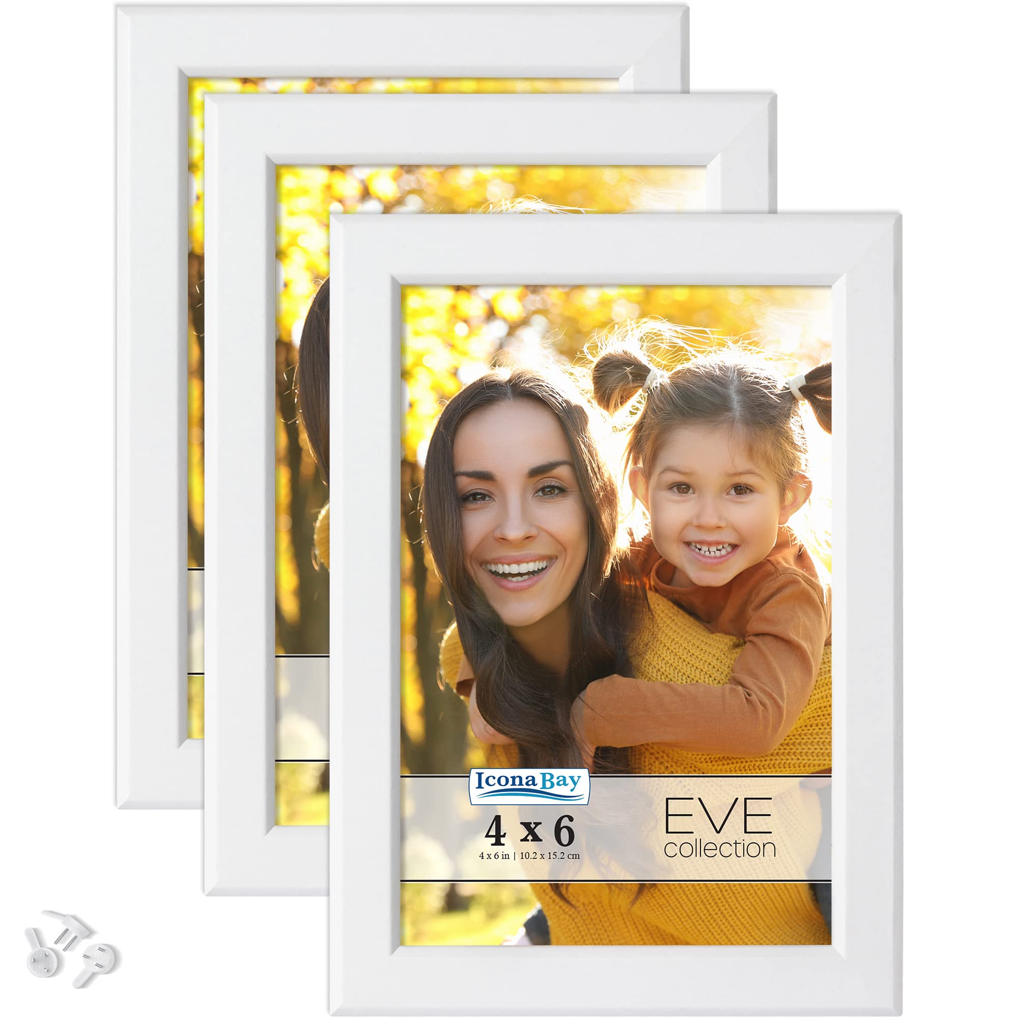 Icona Bay 6x4 Picture Frames (White, 3 Pack), Modern Double-Bevelled Frame, Tabletop or Wall Mount, Eve Collection