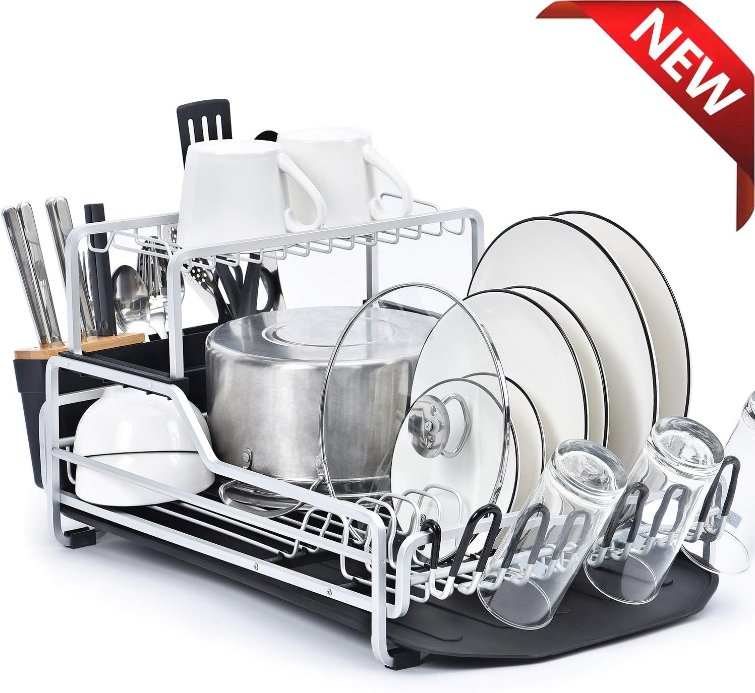 Kingrack Dish Drying Rack, Aluminum Dish Drainer 2 Tier with Draining