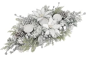 ARBORUS 29.5" Artificial Christmas Candle Holder Centerpiece with White Poinsettia, Cypress Branch & Pine Cones, Holds 3 Candles, White Cedar Branch Base for Christmas Thanksgiving Table Mantel Decoration