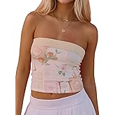 DURUNUL Women Strapless Floral Print Bandeau Tube Crop Top Y2k Fold Over Graphic Tube Tops Reversible Slim Fit Shirt Summer