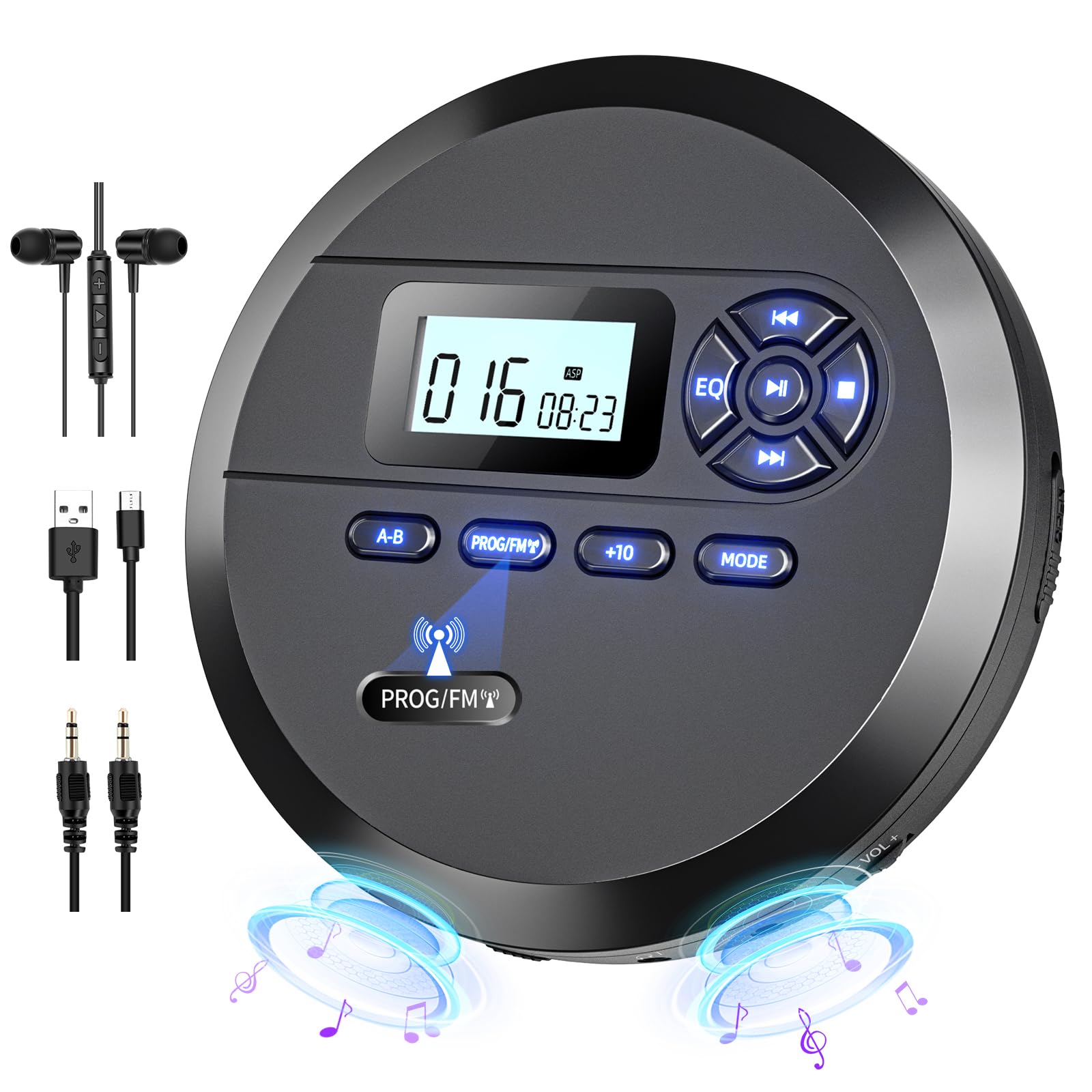 Photo 1 of DESOBRY CD Player Portable with Speakers & FM Transmitter, Compact CD Player for Car Built-in 2000mAh Rechargeable Battery, Walkman Player with LCD Screen, Earphones, AUX Cord