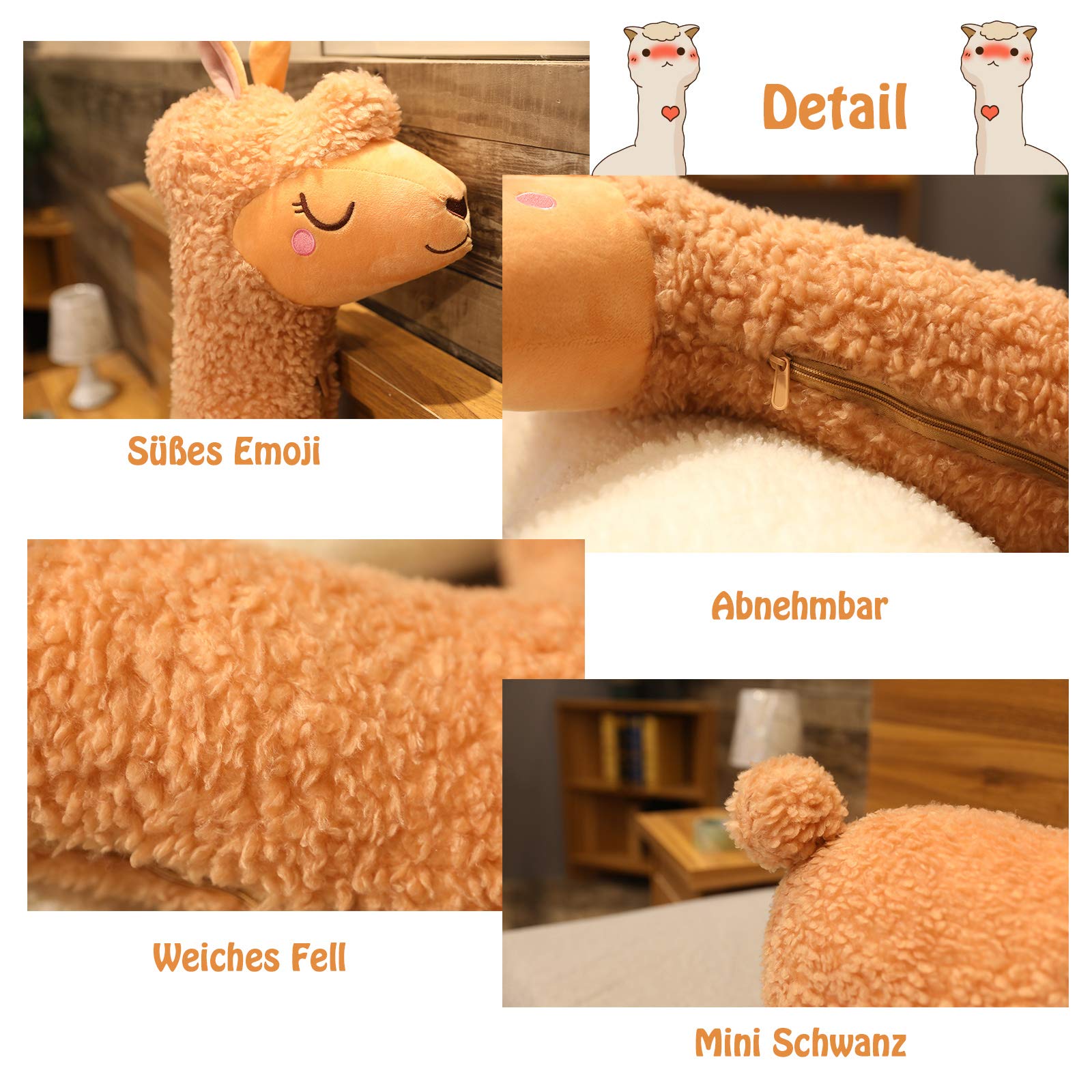 100cm Alpaka Kuscheltier, Alpaka-Plüschtier mit langem Hals, Weiches Alpaka-Kissen-Stofftier, Long Neck Plüschtier, Nettes Alpaka-Plüschtier, Sofakissen Kissen Cartoon Gefüllte Puppen (Braun, 100cm) 3