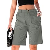 luvamia Bermuda Shorts for Women Knee Length High Waisted Cotton Elastic Waist Summer Dressy Casual Long Chino Shorts