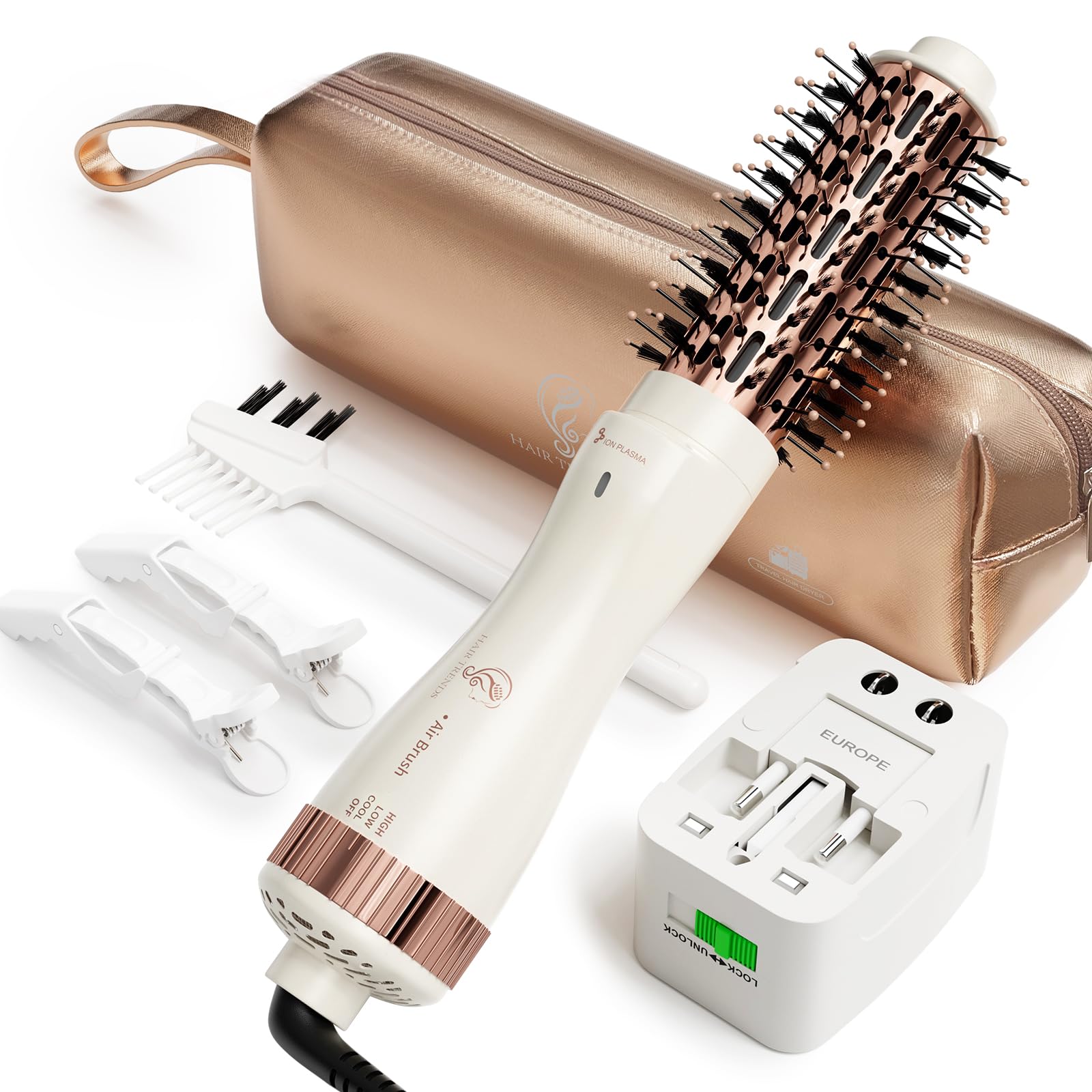 Photo 1 of 1.5 Inch Barrel (2.8’’ Plus Bristles) Dual Voltage(110~250V) Round Brush Blow Dryer, Hair Dryer Brush with European Plug Adapter, 4-in-1 Negative Ionic One Step Volumizer Dryer