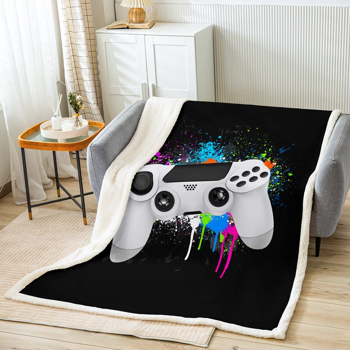 Kids Gamepad Fleece Blanket Gamer Plush Blanket for Bed Sofa Couch Modern Novelty White Video Game Controller Sherpa Throw Blanket Colorful Tie Dye Fuzzy Blanket Black Room Decor Baby 30"x40"