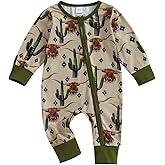 SAYOO Western Baby Cowboy Clothes Neutral Zipped Fall Romper Outfit for Boy Girl Infant Lapel Cow Print One-piece Jumpsuit
