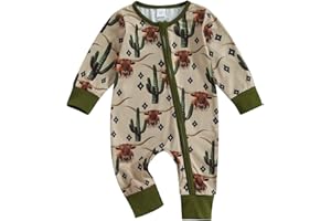 Baby Boy Western Style Zipped Romper Horse Cowboy Print Long Sleeve Jumpsuit Fall Clothes
