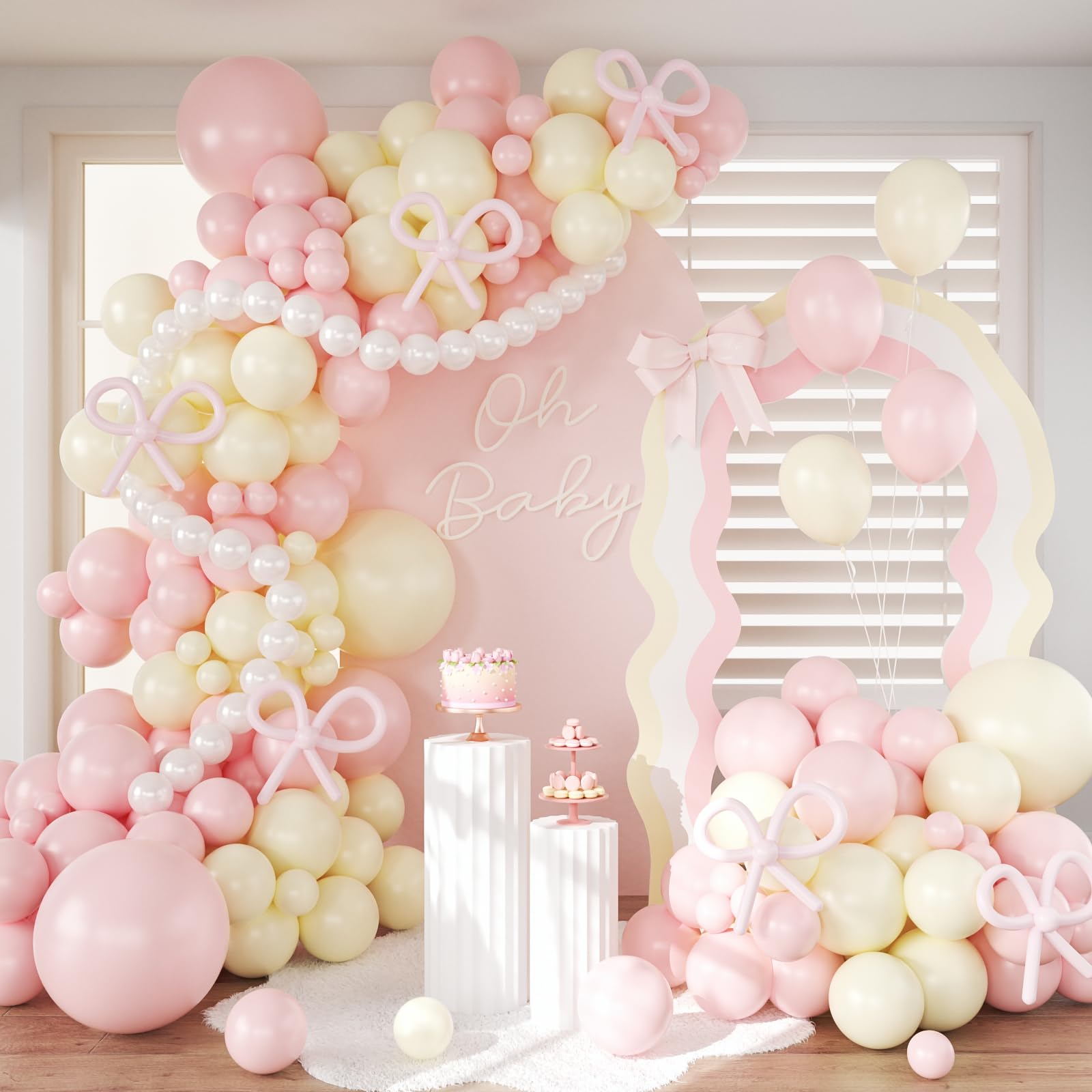 Photo 1 of CROSSFINGERS Pink and Yellow Balloon Arch Garland Kit, Coquette Bow Light Pink Yellow Pearl White Balloon with Long Balloons for Birthday Bridal Wedding Baby Shower Party Decorations