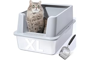 EGMEHOAD Stainless Steel Litter Box with Lid，Metal Litter Box with Covered Easy to Clean,Extra Large Litter Box for Big Cats with Scoop,Metal Litter Box High Sided Enclosure, Non-Sticky, Anti-Leakage