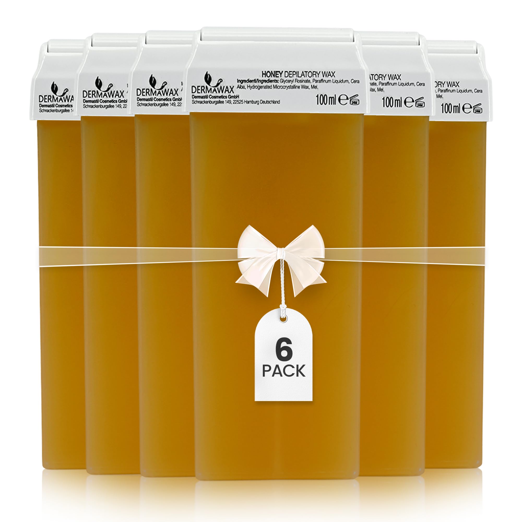 DERMAWAX 6x100ml Honey Roll On Wax Cartridges Refill– Natural Soft Wax for Gentle Hair Removal– For Use with Roll-On Wax Heater & Non-Woven Strips (Not Included)– Legs, Arms, Underarms, Chest & Back