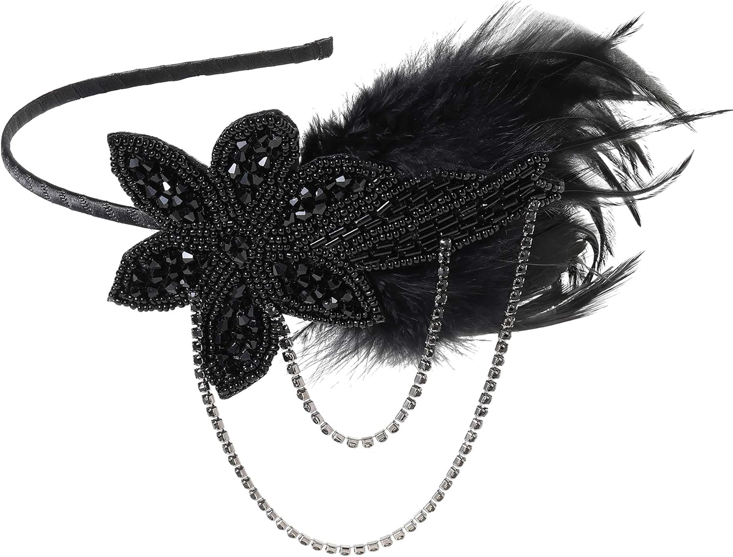 BABEYOND Vintage 1920s Headband 1920s Headpiece Feather Beaded Headband Crystal Flapper Headpiece Great Gatsby Costume Accessories Roaring 20's Accessories (Black) - Image 3